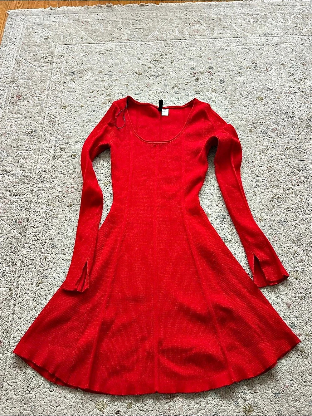H&Medium Ribbed Fit-and-Flare Dress Red Long Sleeve Mini Size Medium